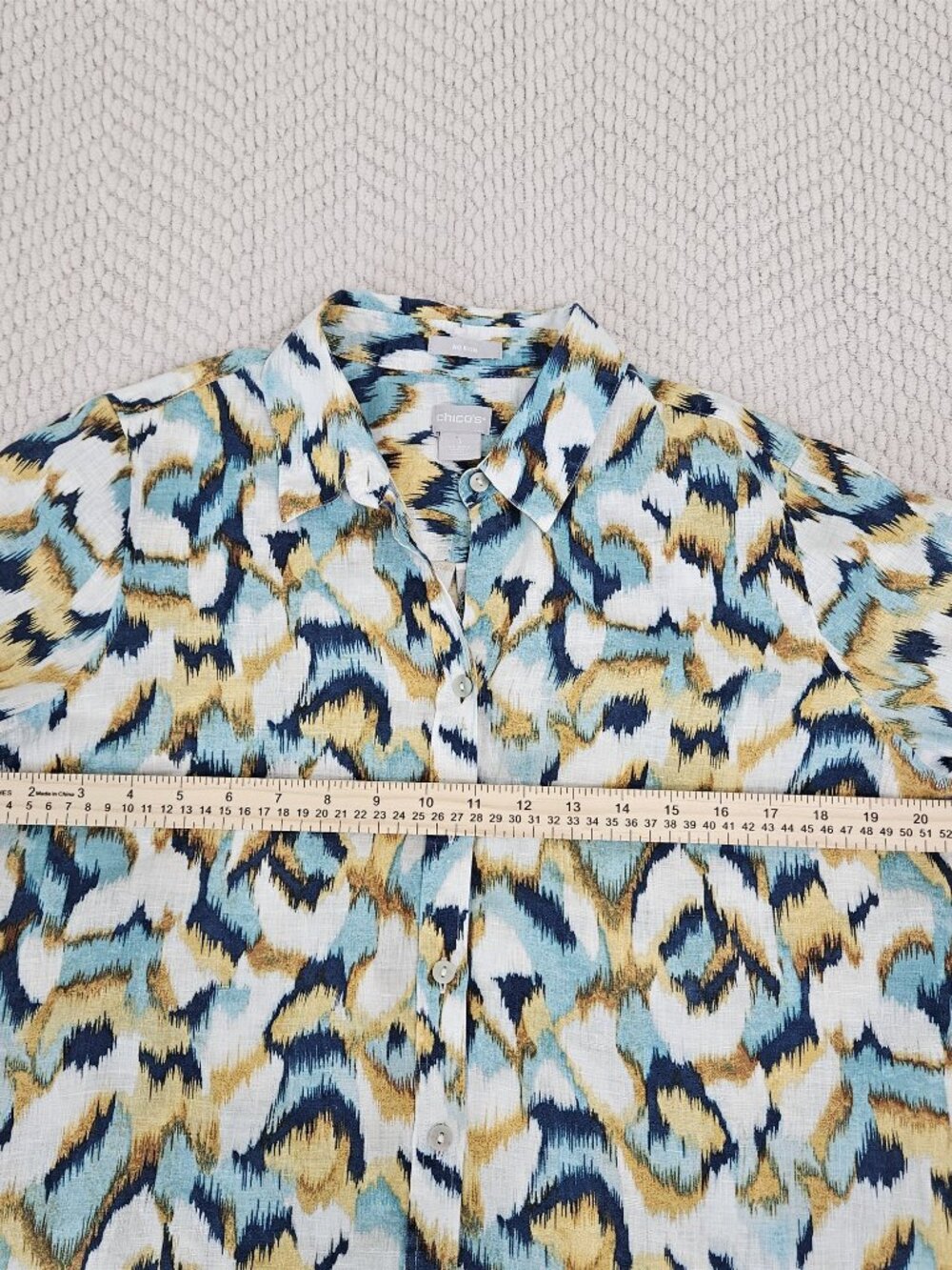 Chico's 100% Linen Button Up Shirt Teal Navy Print 3/4 Sleeve Size 1 (US 8) - Picture 4 of 9